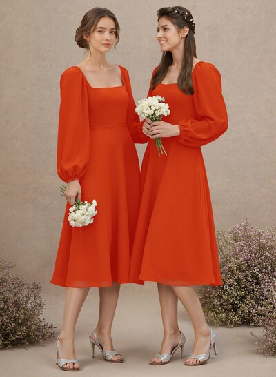 A-Line Square Neckline Long Sleeves Tea-Length Chiffon Bridesmaid Dresses
