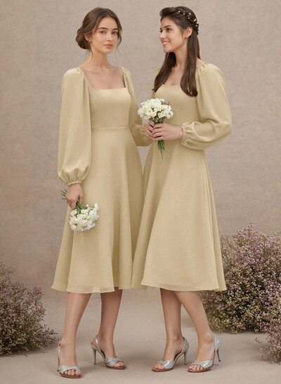 A-Line Square Neckline Long Sleeves Tea-Length Chiffon Bridesmaid Dresses