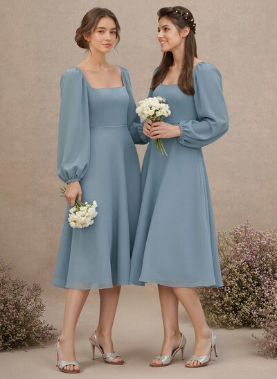 A-Line Square Neckline Long Sleeves Tea-Length Chiffon Bridesmaid Dresses