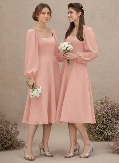 A-Line Square Neckline Long Sleeves Tea-Length Chiffon Bridesmaid Dresses