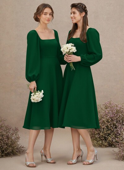 A-Line Square Neckline Long Sleeves Tea-Length Chiffon Bridesmaid Dresses