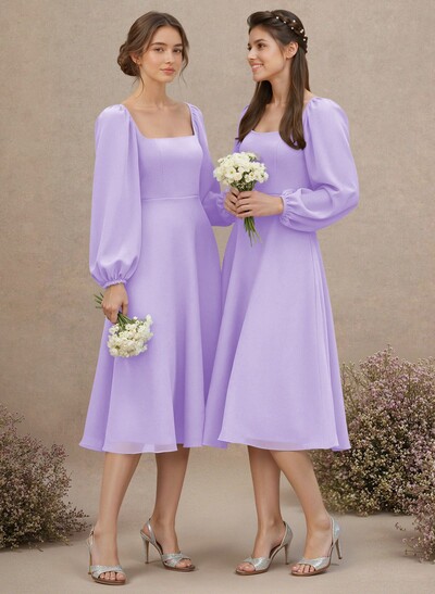 A-Line Square Neckline Long Sleeves Tea-Length Chiffon Bridesmaid Dresses