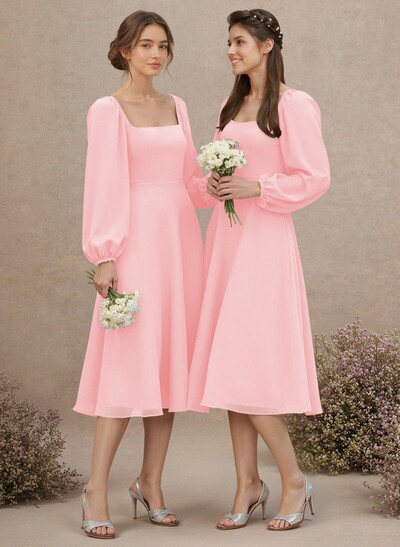 A-Line Square Neckline Long Sleeves Tea-Length Chiffon Bridesmaid Dresses