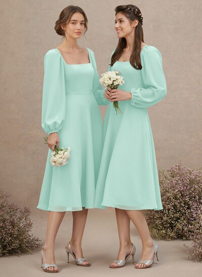 A-Line Square Neckline Long Sleeves Tea-Length Chiffon Bridesmaid Dresses