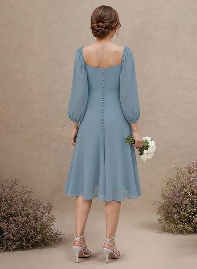 A-Line Square Neckline Long Sleeves Tea-Length Chiffon Bridesmaid Dresses