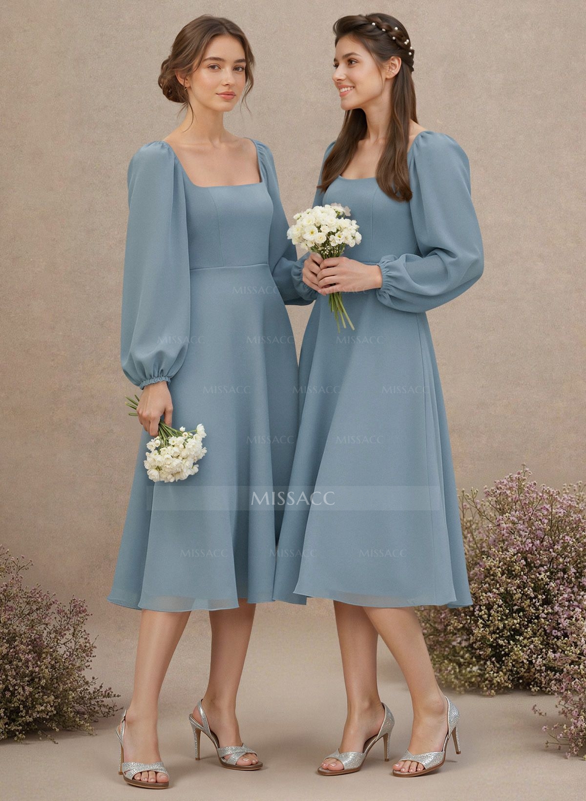 A-Line Square Neckline Long Sleeves Tea-Length Chiffon Bridesmaid Dresses