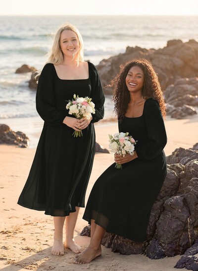 A-Line Square Neckline Long Sleeves Tea-Length Chiffon Bridesmaid Dresses