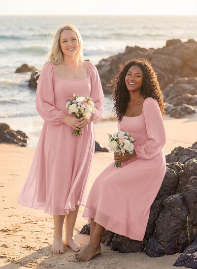 A-Line Square Neckline Long Sleeves Tea-Length Chiffon Bridesmaid Dresses