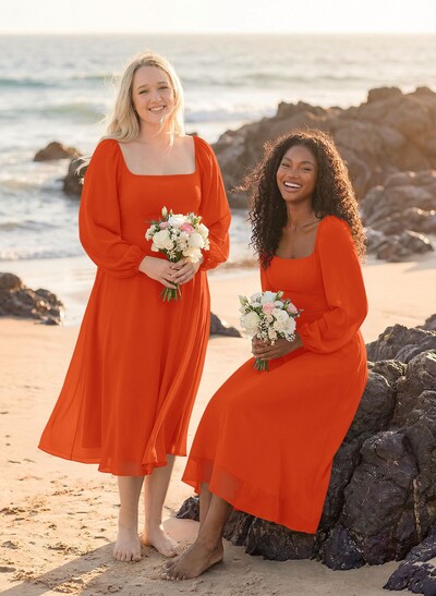 A-Line Square Neckline Long Sleeves Tea-Length Chiffon Bridesmaid Dresses