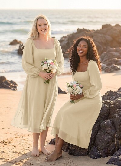 A-Line Square Neckline Long Sleeves Tea-Length Chiffon Bridesmaid Dresses