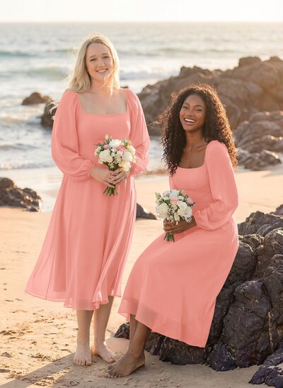 A-Line Square Neckline Long Sleeves Tea-Length Chiffon Bridesmaid Dresses