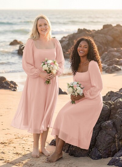 A-Line Square Neckline Long Sleeves Tea-Length Chiffon Bridesmaid Dresses