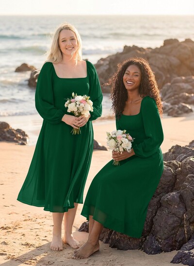 A-Line Square Neckline Long Sleeves Tea-Length Chiffon Bridesmaid Dresses