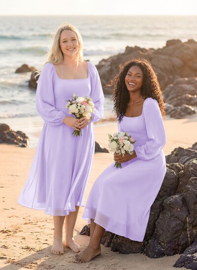A-Line Square Neckline Long Sleeves Tea-Length Chiffon Bridesmaid Dresses