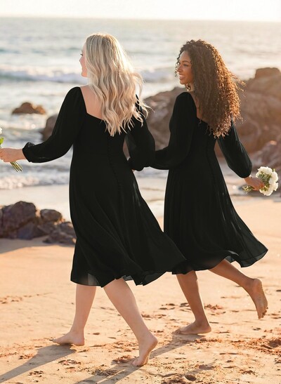 A-Line Square Neckline Long Sleeves Tea-Length Chiffon Bridesmaid Dresses