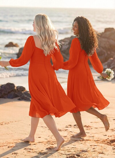 A-Line Square Neckline Long Sleeves Tea-Length Chiffon Bridesmaid Dresses