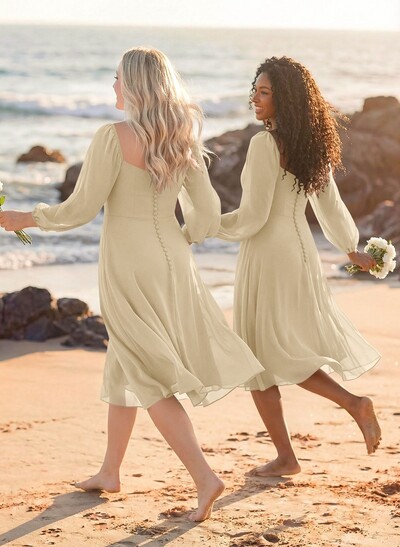 A-Line Square Neckline Long Sleeves Tea-Length Chiffon Bridesmaid Dresses