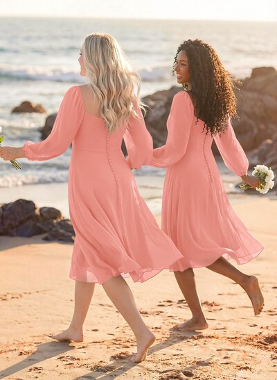 A-Line Square Neckline Long Sleeves Tea-Length Chiffon Bridesmaid Dresses