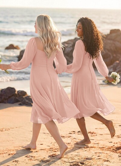 A-Line Square Neckline Long Sleeves Tea-Length Chiffon Bridesmaid Dresses