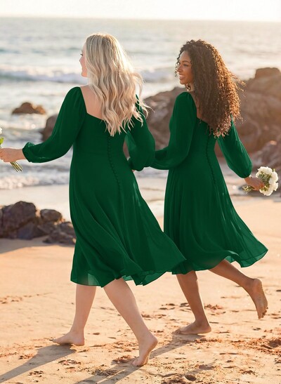 A-Line Square Neckline Long Sleeves Tea-Length Chiffon Bridesmaid Dresses