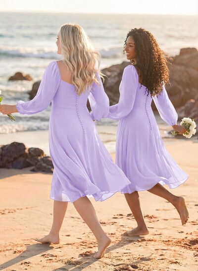 A-Line Square Neckline Long Sleeves Tea-Length Chiffon Bridesmaid Dresses