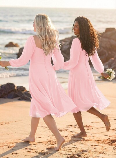 A-Line Square Neckline Long Sleeves Tea-Length Chiffon Bridesmaid Dresses