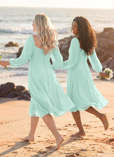 A-Line Square Neckline Long Sleeves Tea-Length Chiffon Bridesmaid Dresses