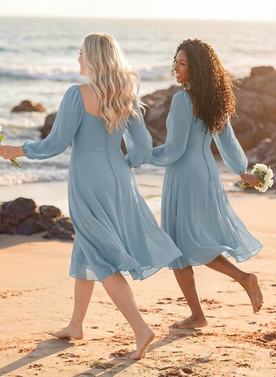 A-Line Square Neckline Long Sleeves Tea-Length Chiffon Bridesmaid Dresses