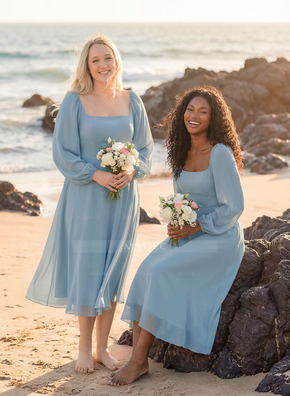 A-Line Square Neckline Long Sleeves Tea-Length Chiffon Bridesmaid Dresses