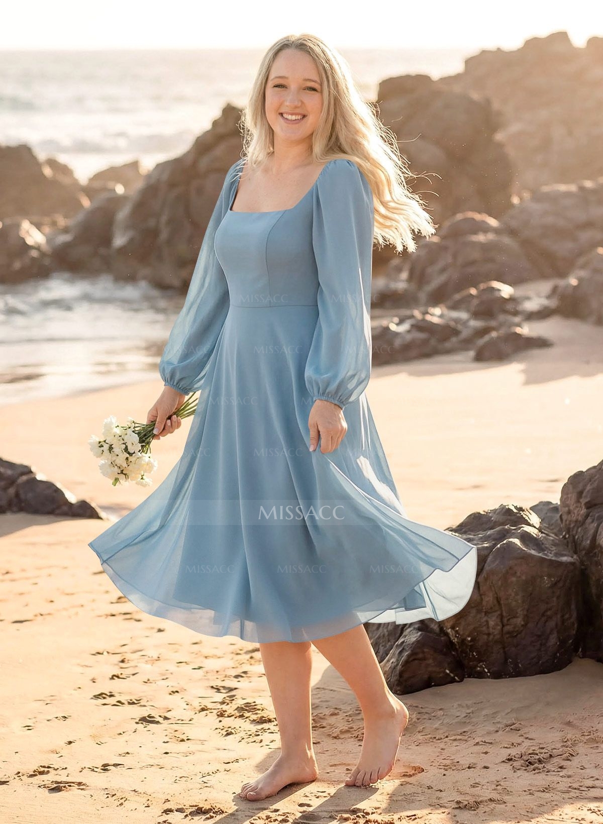 A-Line Square Neckline Long Sleeves Tea-Length Chiffon Bridesmaid Dresses