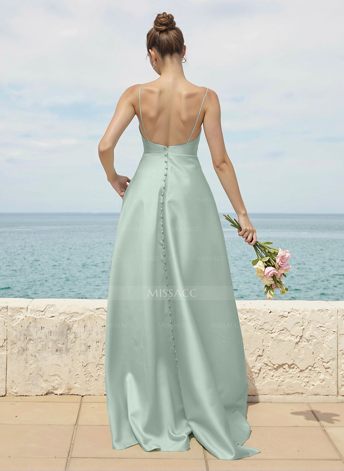 A-Line Square Neckline Sleeveless Sweep Train Satin Bridesmaid Dresses With Pockets