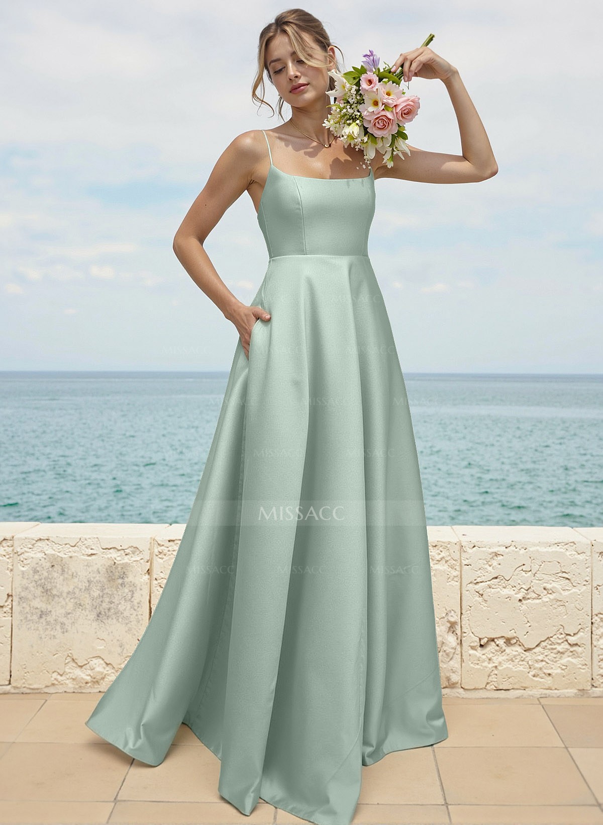 A-Line Square Neckline Sleeveless Sweep Train Satin Bridesmaid Dresses With Pockets