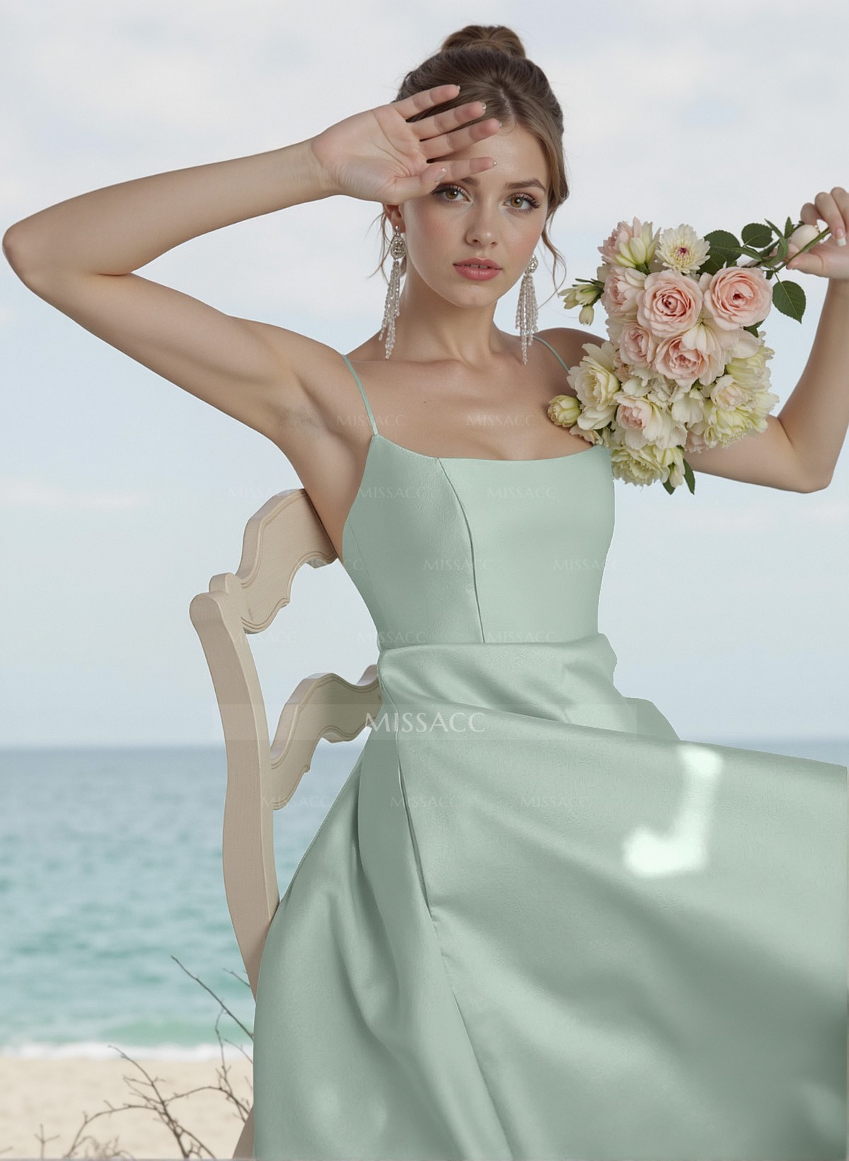 A-Line Square Neckline Sleeveless Sweep Train Satin Bridesmaid Dresses With Pockets