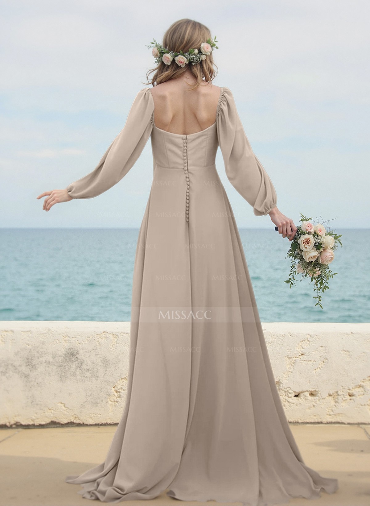 A-Line Square Neckline Long Sleeves Sweep Train Chiffon Bridesmaid Dresses