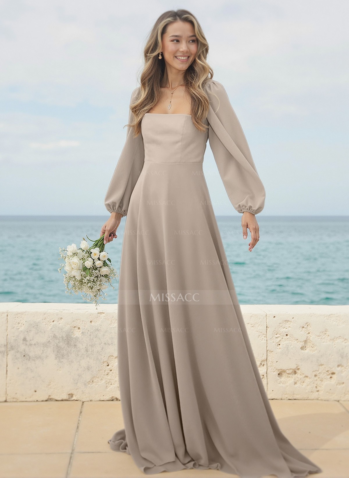 A-Line Square Neckline Long Sleeves Sweep Train Chiffon Bridesmaid Dresses