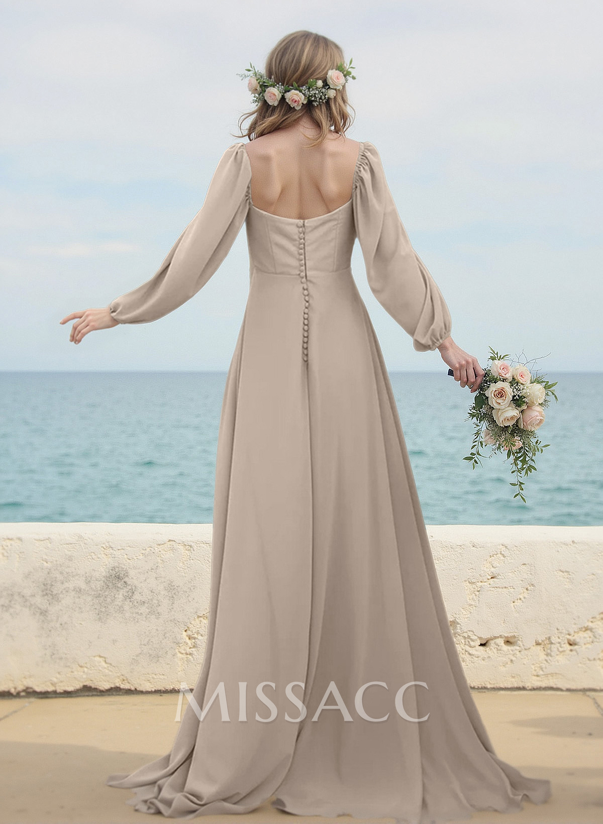 A-Line Square Neckline Long Sleeves Sweep Train Chiffon Bridesmaid Dresses