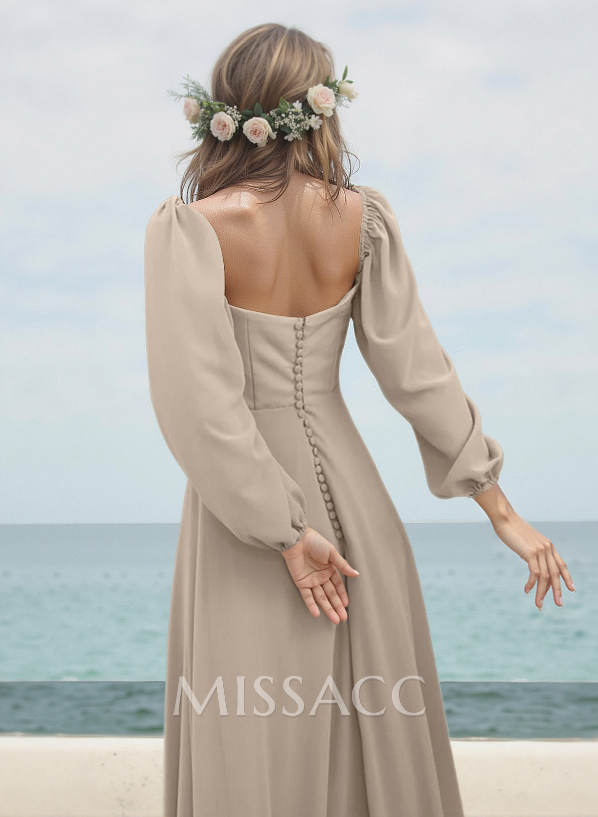 A-Line Square Neckline Long Sleeves Sweep Train Chiffon Bridesmaid Dresses