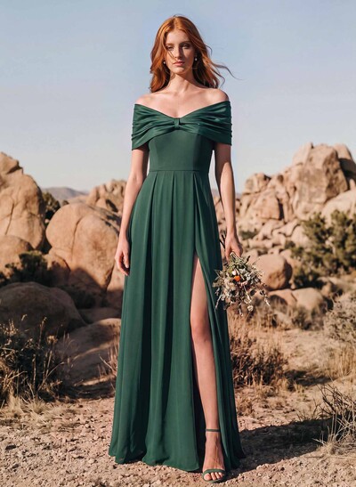 A-Line Off-The-Shoulder Short Sleeves Stretch Chiffon Bridesmaid Dresses With High Split