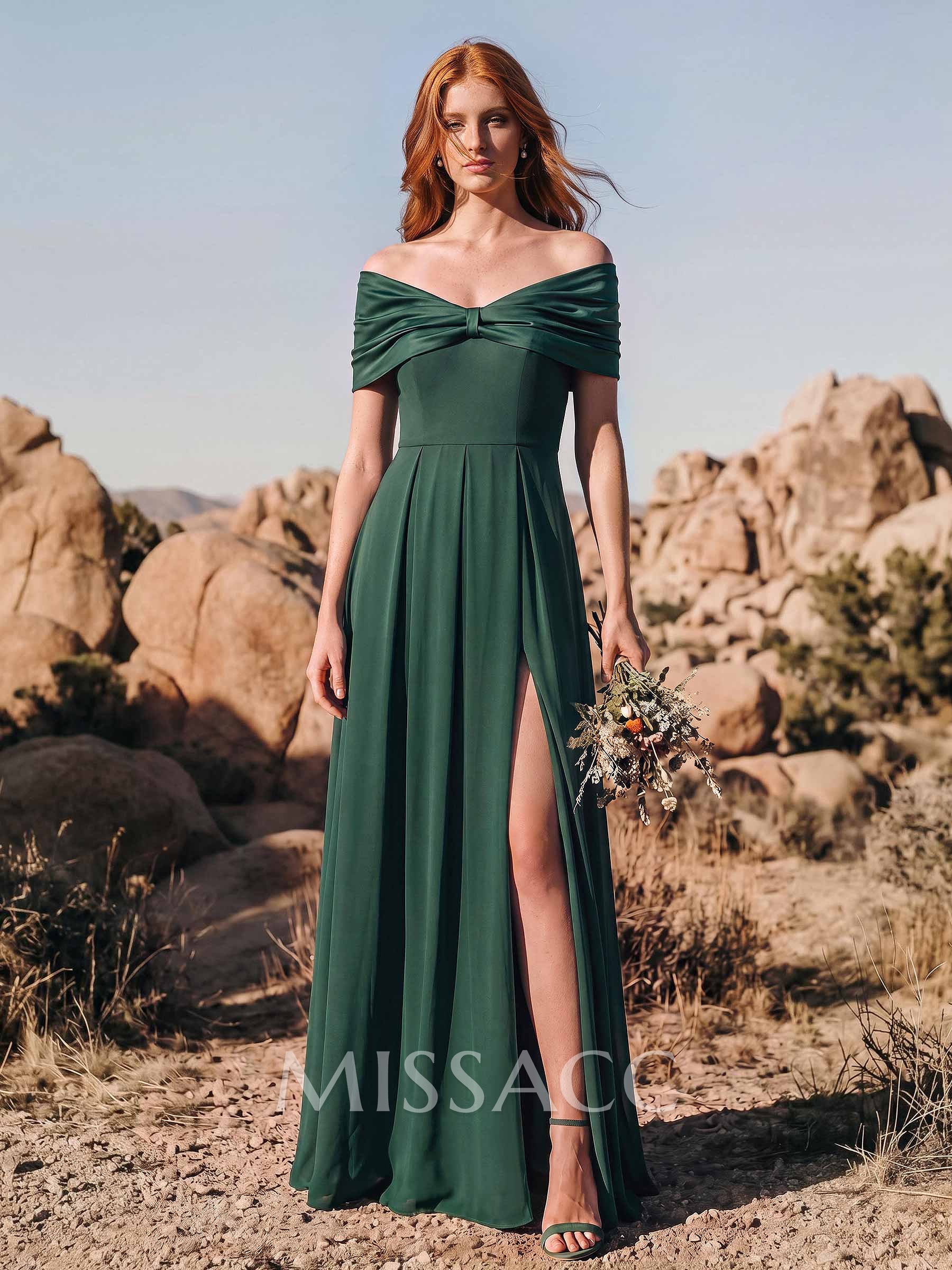 A-Line Off-The-Shoulder Short Sleeves Stretch Chiffon Bridesmaid Dresses With High Split