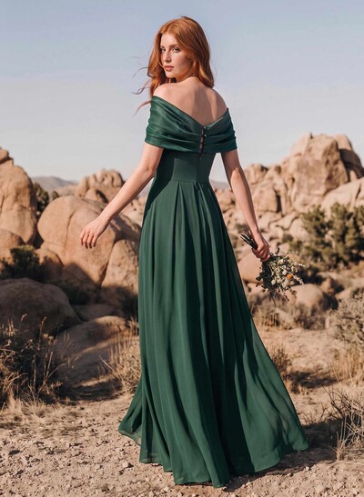 A-Line Off-The-Shoulder Short Sleeves Stretch Chiffon Bridesmaid Dresses With High Split