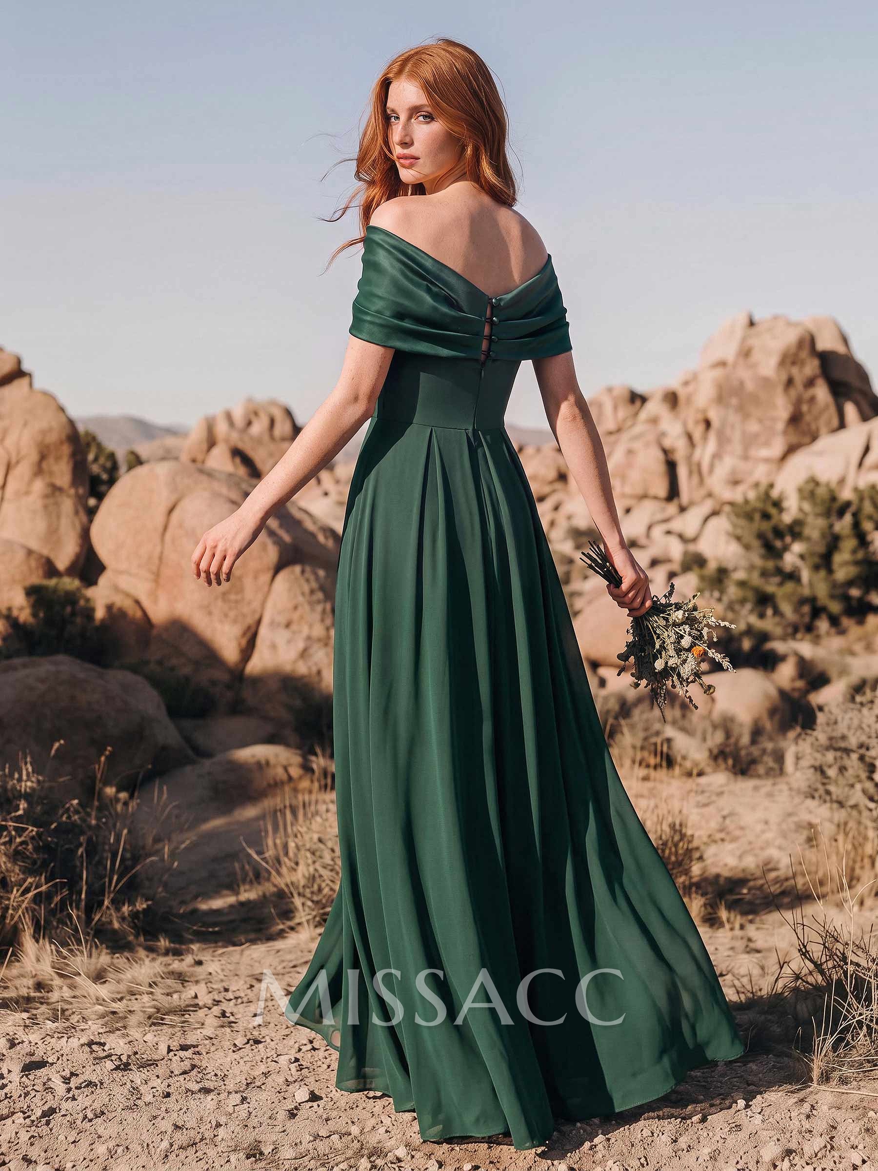 A-Line Off-The-Shoulder Short Sleeves Stretch Chiffon Bridesmaid Dresses With High Split