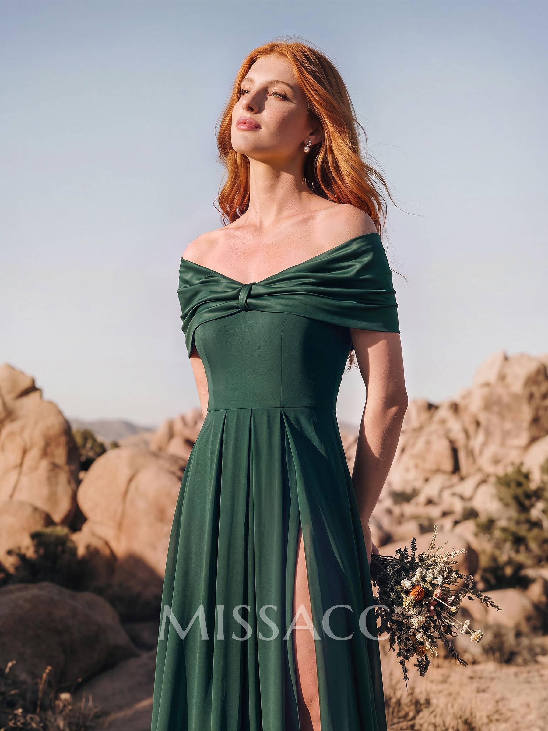 A-Line Off-The-Shoulder Short Sleeves Stretch Chiffon Bridesmaid Dresses With High Split
