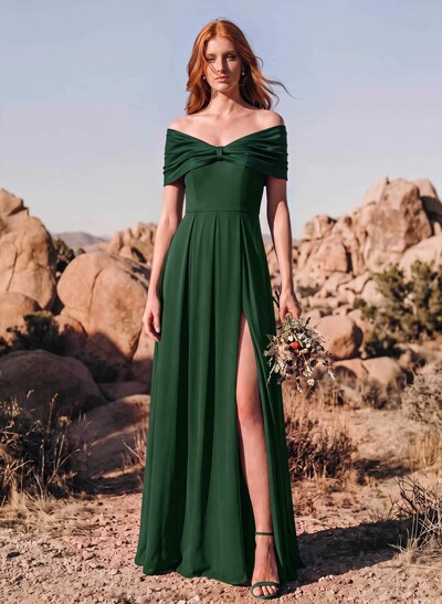 A-Line Off-The-Shoulder Short Sleeves Floor-Length Stretch Chiffon/Stretch Satin Bridesmaid Dresses With High Split