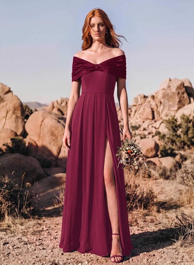 A-Line Off-The-Shoulder Short Sleeves Floor-Length Stretch Chiffon/Stretch Satin Bridesmaid Dresses With High Split