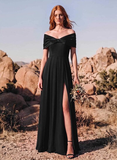 A-Line Off-The-Shoulder Short Sleeves Floor-Length Stretch Chiffon/Stretch Satin Bridesmaid Dresses With High Split