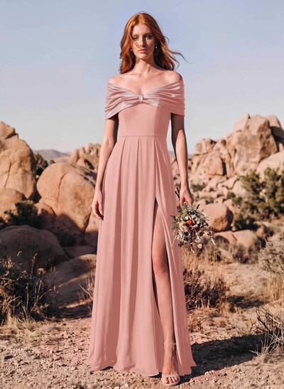 A-Line Off-The-Shoulder Short Sleeves Floor-Length Stretch Chiffon/Stretch Satin Bridesmaid Dresses With High Split