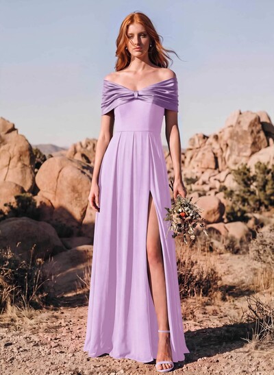 A-Line Off-The-Shoulder Short Sleeve Floor-Length Stretch Chiffon/Stretch Satin Bridesmaid Dresses With High Slit
