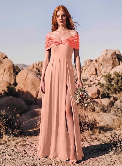 A-Line Off-The-Shoulder Short Sleeves Floor-Length Stretch Chiffon/Stretch Satin Bridesmaid Dresses With High Split