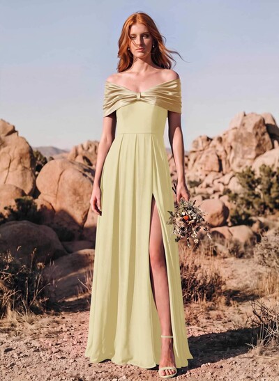 A-Line Off-The-Shoulder Short Sleeves Floor-Length Stretch Chiffon/Stretch Satin Bridesmaid Dresses With High Split