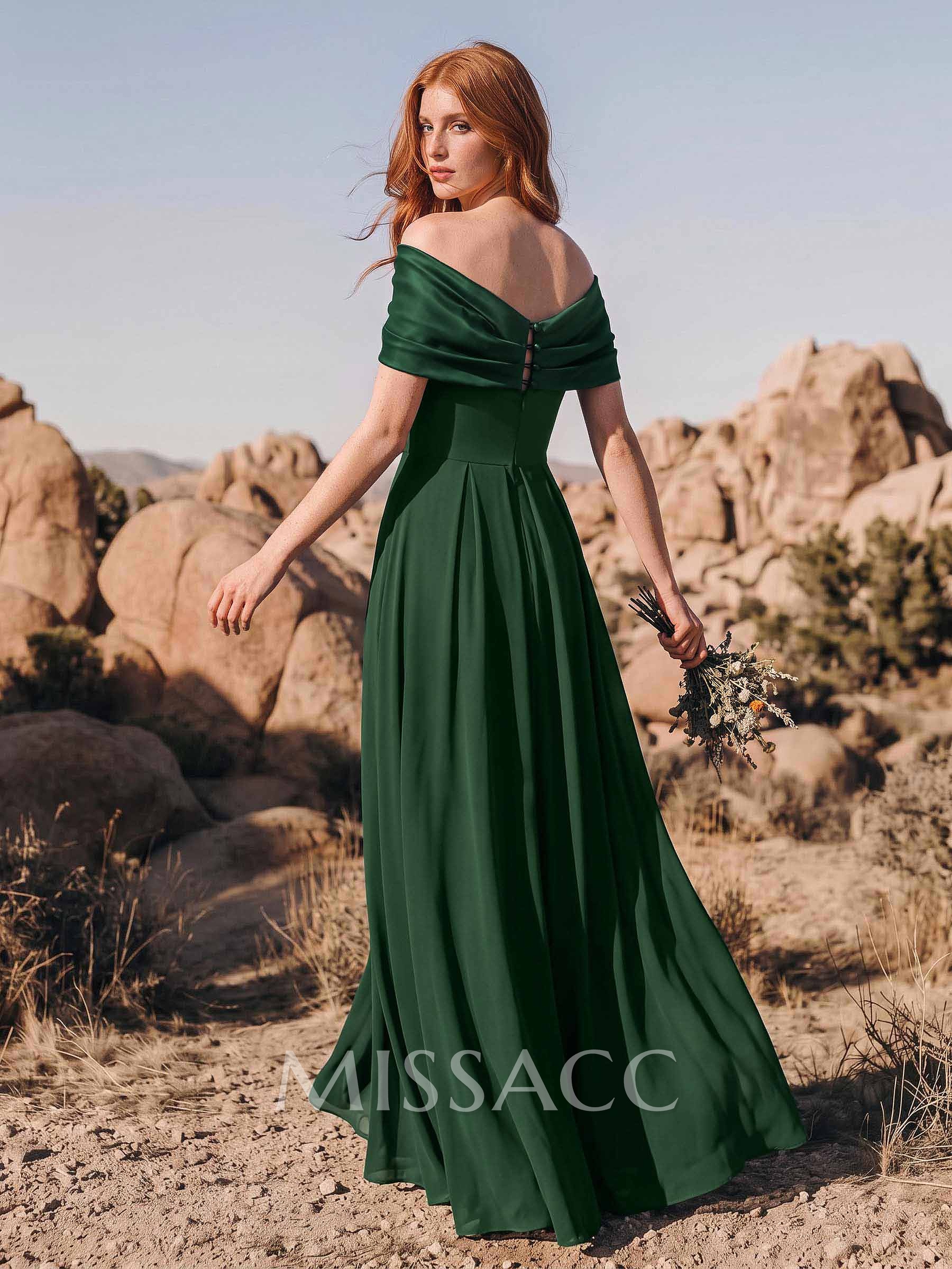 A-Line Off-The-Shoulder Short Sleeve Floor-Length Stretch Chiffon/Stretch Satin Bridesmaid Dresses With High Slit